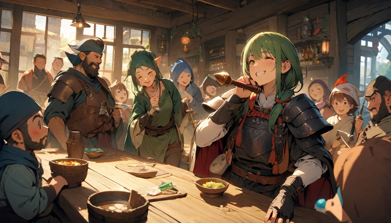 (masterpiece:1.4), (Highest quality:1.4), Very detailed, Complex, Very detailed, shape,Soft lighting, Tavern, More than one personで語り合う, Hopeful Face, smile, More than one person, Mixed gender, a group of adventurers, character from RPG games, (character: human, Fairy, Fairy, Dwarf, The Hobbit), (exterior: Swordsman Style, Shaman Style, Monk Style, Magician style), (belongings: Long sword, dagger, Holy Staff, Magic wand, shield, metal armor, Leather Armor), Perfectly accurate anatomical shape、All limbs intact、Perfect full finger, Colorful characters, Drinking alcohol and having fun, Huge, Majestic, Uplifting expressions, みんなのsmileが素晴らしい.