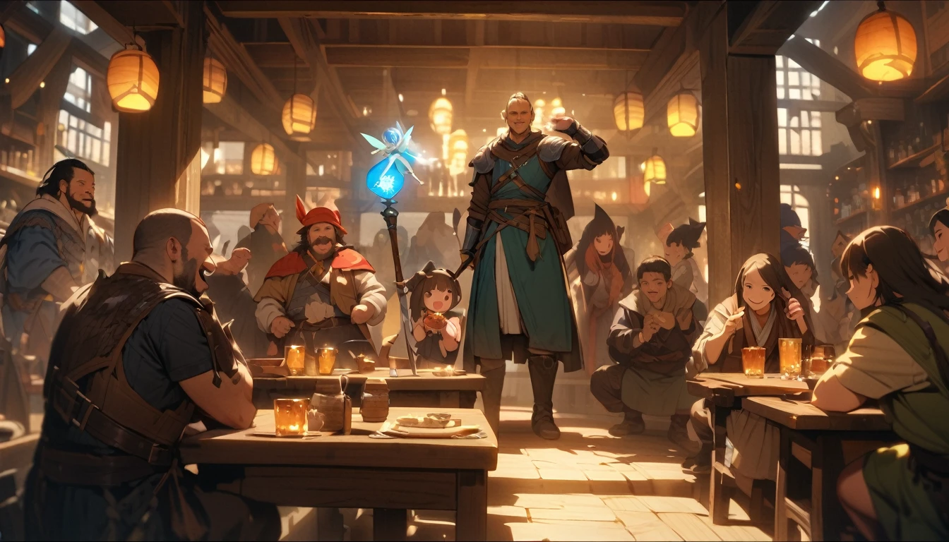 (masterpiece:1.4), (Highest quality:1.4), Very detailed, Complex, Very detailed, shape,Soft lighting, Tavern, More than one personで語り合う, Hopeful Face, smile, More than one person, Mixed gender, a group of adventurers, character from RPG games, (character: human, Fairy, Fairy, Dwarf, The Hobbit), (exterior: Swordsman Style, Shaman Style, Monk Style, Magician style), (belongings: Long sword, dagger, Holy Staff, Magic wand, shield, metal armor, Leather Armor), Perfectly accurate anatomical shape、All limbs intact、Perfect full finger, Colorful characters, Drinking alcohol and having fun, Huge, Majestic, Uplifting expressions, みんなのsmileが素晴らしい.