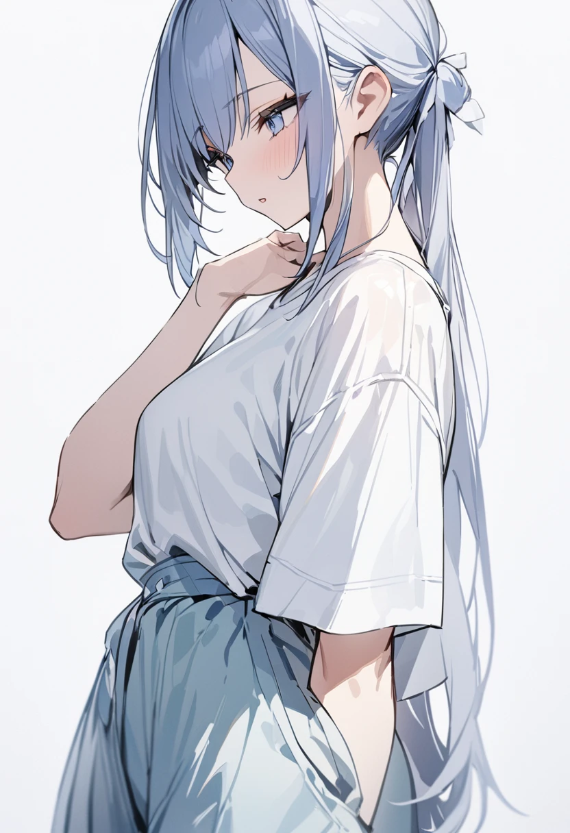 (delicate、masterpiece, Highest quality:1.2), 1 Girl, alone, Loose-fitting short-sleeved T-shirt, Relaxed wide pants , whole body, Simple Background, White background,Eyes open、Beautiful eyes