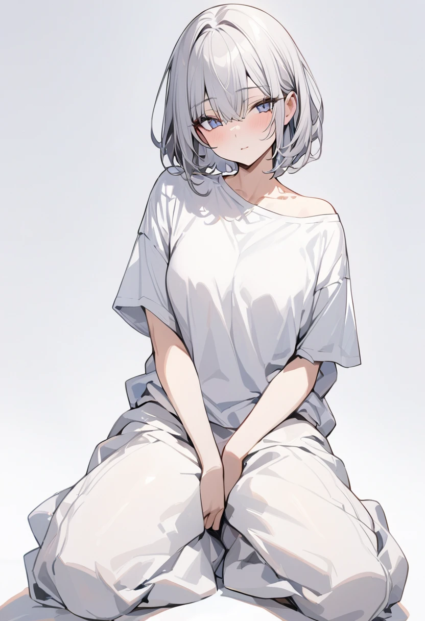 (delicate、masterpiece, Highest quality:1.2), 1 Girl, alone, Loose-fitting short-sleeved T-shirt, Relaxed wide pants , whole body, Simple Background, White background,Eyes open、Beautiful eyes