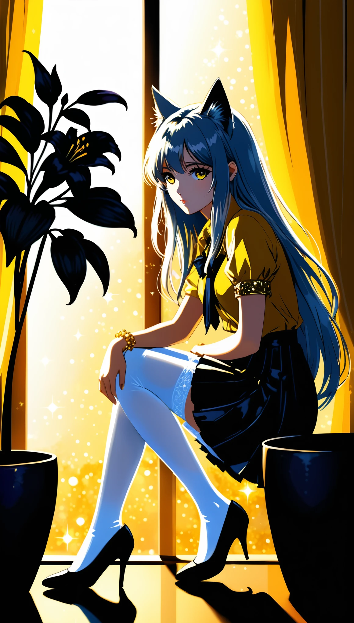 in style of Harry Clarke,1girl,Yellow shirt,black leather skirt,Squatting,(adjusting footwear:2), white Cat ear,(seethough white stockings:1.5),Long hair falling down,The light from the window shines through my hair,from side,(spend a leg:1.3),tie,Small bell bracelet,heles,
BREAK
Looking at the audience,(White long hair:1.1),indoor,Yellow background,Background blur,Black Lily Flower Pot,Golden Hour,depth of field,chiaroscuro,sparkle,comic 2.5d hand-drawn style,trending on deviantart,(look at the viewer:2.2)