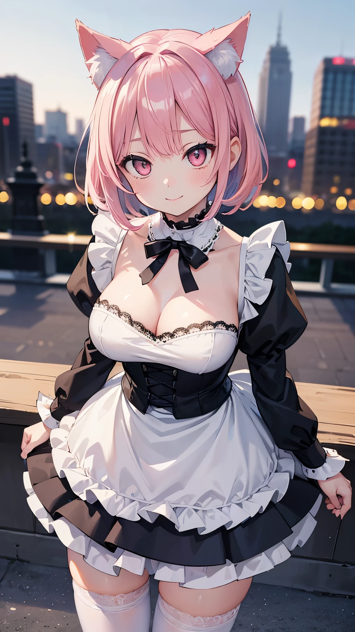 (masterpiece: 1.3、Highest quality、超High resolution、Very detailed)、(Real、Photorealistic: 1.4)、Beautiful illustrations、Perfect lighting、Natural light、Depth of the Boundary、Beautifully detailed hair、Beautifully detailed face、Beautiful details、Beautiful body、Firm breasts、Beautiful thighs、Beautiful legs、Beautiful Hands、Show to the viewer、One girl、非常にpretty girl、(Perfect Anatomy、Anatomically correct)、Cute and symmetrical face、Baby Face、Perfect Face、Perfect Eyes、Shiny skin、Long eyelashes、(Very large and powerful breasts)、juicy thighs、Attractive thighs)、(Beautiful cityscape)、((Outdoor、Blurred american cityscape))、(かわいいsmile)、Cowboy Shots(RAW Photos: 1.2), Highest quality, Beautiful detailed girl,smile,Very detailedな目と顔, Beautiful attention to detail,High resolution, High resolution,8k wallpaper, Light on the face, Cinema Lighting,(18-year-old girl),(((Very large bust))), (Photorealism: 1.4),((masterpiece)), ((Highest quality)), (Very detailedな:1.2),Realスタイル, //, pretty girl, One Girl, (alone), //, A black-themed maid outfit with cat ears. White lace apron. White Stockings. Black cat tail. White ribbon. Short skirt. Ribbon choker,((pink big eyes)), ((Medium Hair Hairstyles)), ((Beautiful pink hair))