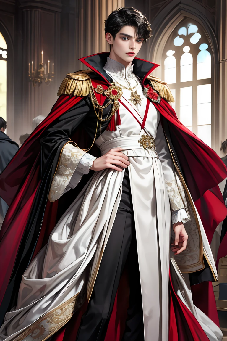 masterpiece, 最high quality, high quality, 1 boy, alone, Male focus, Watching the audience, Messy black hair, Adorable big blue eyes, White people, Noble, Noble,A sexy, voluminous, puffy cape、vampire、A very voluminous, large, very large, very large, long, long red and black cape with a high stand-up collar, made of a lot of fabric that reaches down to the floor., 17 years old,Cute beautiful boys,Cute, cute, kind, handsome guy