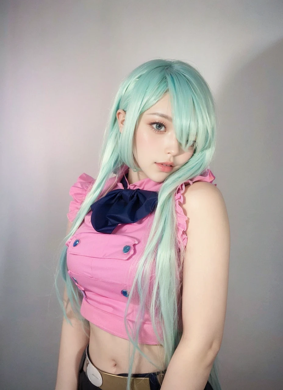 A blonde and blue haired girl with long hair and a pink top, chica anime cosplay, beautiful dolphin, mikudayo, cosplay anime, verde pastel, cosplay de hatsune-miku, anime girl in real life, Sakura Haruno, Macro border, cosplay, Pink hair and cyan eyes., color pastel, Ayaka-Cosplay, Shirabii