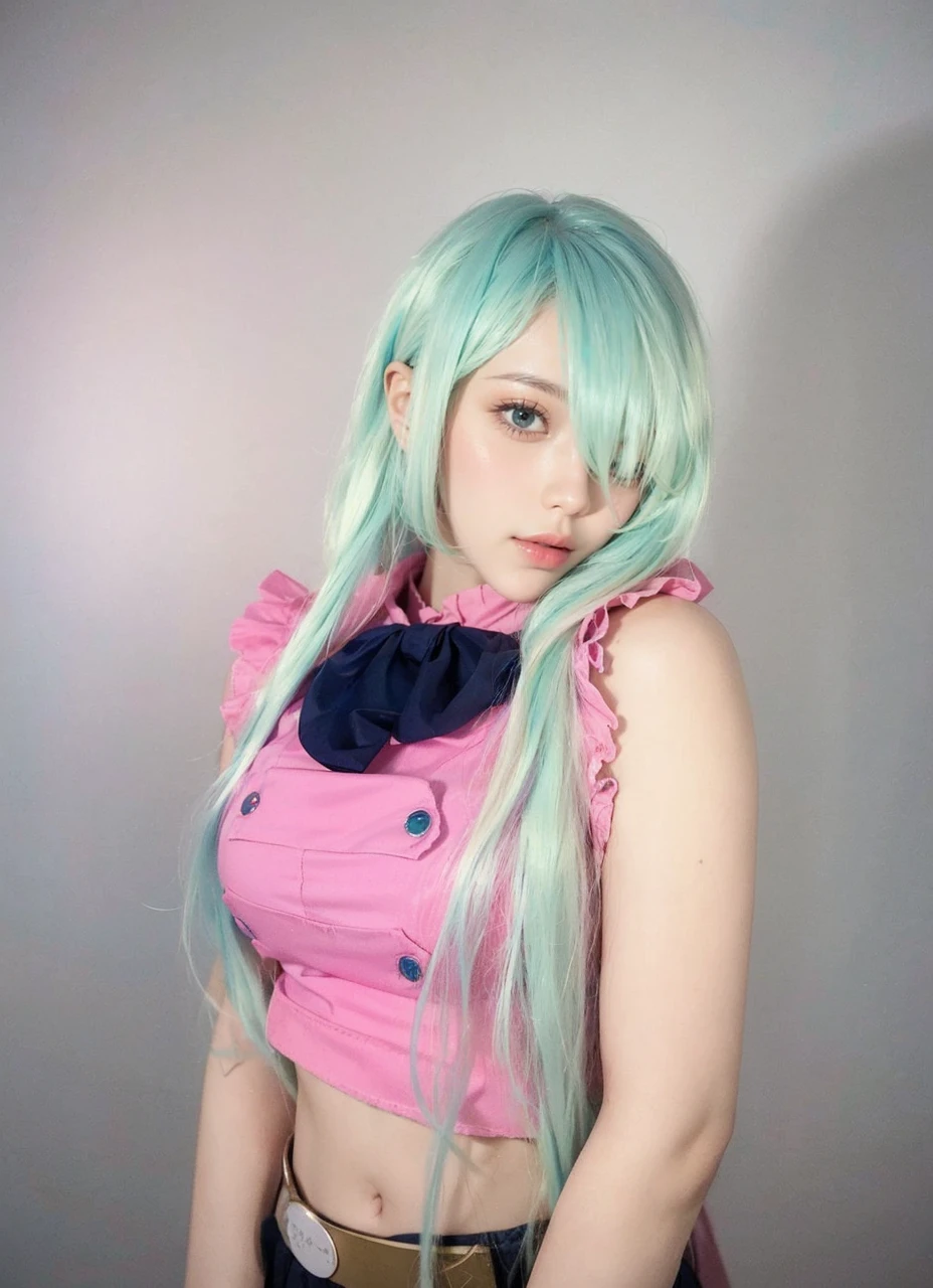 A blonde and blue haired girl with long hair and a pink top, chica anime cosplay, beautiful dolphin, mikudayo, cosplay anime, verde pastel, cosplay de hatsune-miku, anime girl in real life, Sakura Haruno, Macro border, cosplay, Pink hair and cyan eyes., color pastel, Ayaka-Cosplay, Shirabii
