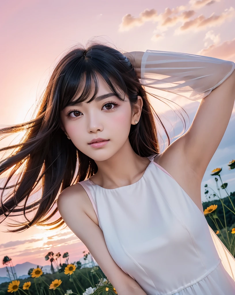 (Highest quality), (32k), (High resolution:1.5), (Masterpiece:1.5), marimo_jet, ((Face Focus:1.3)), Beautiful face in every detail, god々A photograph with brilliant dazzling and healing power., Evoking a sense of calm and elusive beauty, Expressing emotions, Have a rich imagination, A flower field that stretches to the horizon, Nostalgic scenery of youth, Beautiful Japanese Girls, An exceptionally beautiful face, Small Face Beauty, Perfect Human Anatomy, Magical big eyes, Motherhood and generosity, Deep Love, fleeting smile, Shiny black hair, Beautiful long hair swaying in the wind, Asymmetrical bangs, Hair between the eyes, Transparent, soft white skin, Sharp eyebrows, Thin lashes, Natural Makeup, Cheek highlighter, Pale pink detailed lips, (White dress:1.4), ((Cosmos fields stretching to the horizon:1.3)), ((Pink Sky:1.3)), Beautifully detailed skies, ((Shining in the morning sunlight)), Professional photographer, Professional Lighting, Professional models, god秘的