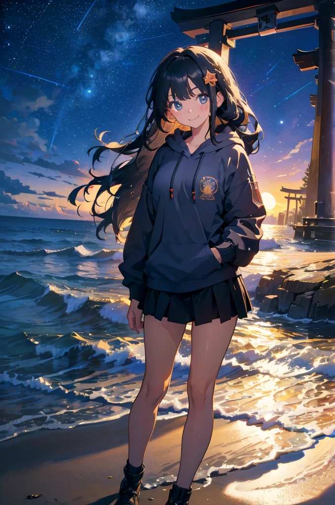 (masterpiece), (high resolution 8K), professional illustration,(1 girl:1.3), late teenage, standing, thigh focus, dutch angle, japanese clothes, hoody, mini-skirt , hair ornament, long hair, smile, looking up,on the beach , torii, beautiful starry sky, night,natural lighting, high contrast, stunning face, symmetrical clear eyes, detailed eyes and face, detailed skin
