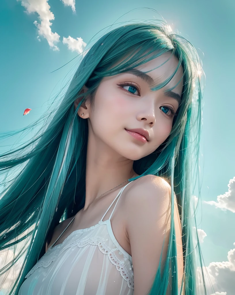 (Highest quality, 32k, High resolution, Masterpiece:1.5, ), marimo_jet, god々A photograph with brilliant dazzling and healing power., Evoking a sense of calm and elusive beauty, Expressing emotions, Have a rich imagination, Beautiful Japanese Girls, ((Low - Angle:1.4)), An exceptionally beautiful face, Small Face Beauty, Perfect Human Anatomy, Magical big eyes, Motherhood and generosity, Deep Love, fleeting smile, ((Shiny turquoise hair:1.4)), Super long straight silk hair swaying in the wind, Asymmetrical bangs, Hair between the eyes, Transparent, soft white skin, Sharp eyebrows, Thin lashes, Natural Makeup, Cheek highlighter, Lips with fine detail, (White see-through camisole:1.4), High resolutionの完璧な鎖骨, High resolutionの美しい胸元, Slim figure with ample breasts, High resolutionの美しい太もも, ((Beautifully detailed skies:1.2)), ((Vibrant petal effect:1.3)), Professional photographer, Professional Lighting, Professional models, god秘的