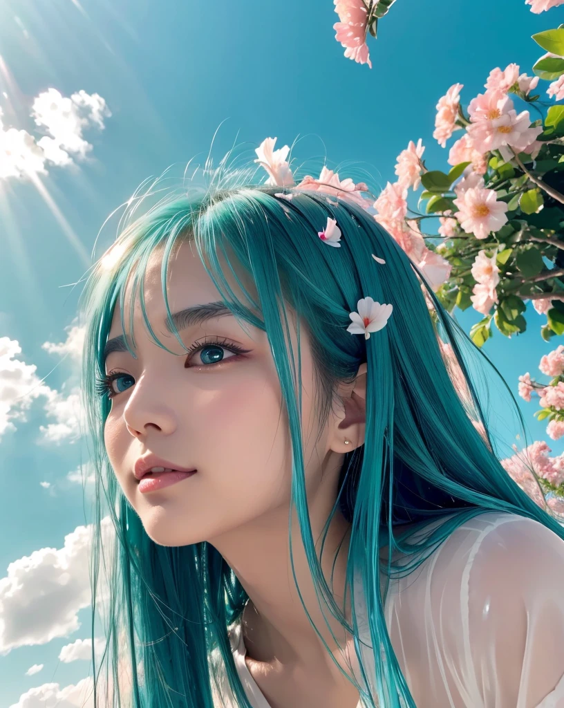 (Highest quality, 32k, High resolution, Masterpiece:1.5, ), marimo_jet, god々A photograph with brilliant dazzling and healing power., Evoking a sense of calm and elusive beauty, Expressing emotions, Have a rich imagination, Beautiful Japanese Girls, ((Low - Angle:1.4)), An exceptionally beautiful face, Small Face Beauty, Perfect Human Anatomy, Magical big eyes, Motherhood and generosity, Deep Love, fleeting smile, ((Shiny turquoise hair:1.4)), Super long straight silk hair swaying in the wind, Asymmetrical bangs, Hair between the eyes, Transparent, soft white skin, Sharp eyebrows, Thin lashes, Natural Makeup, Cheek highlighter, Lips with fine detail, (White see-through camisole:1.4), High resolutionの完璧な鎖骨, High resolutionの美しい胸元, Slim figure with ample breasts, High resolutionの美しい太もも, ((Beautifully detailed skies:1.2)), ((Vibrant petal effect:1.3)), Professional photographer, Professional Lighting, Professional models, god秘的