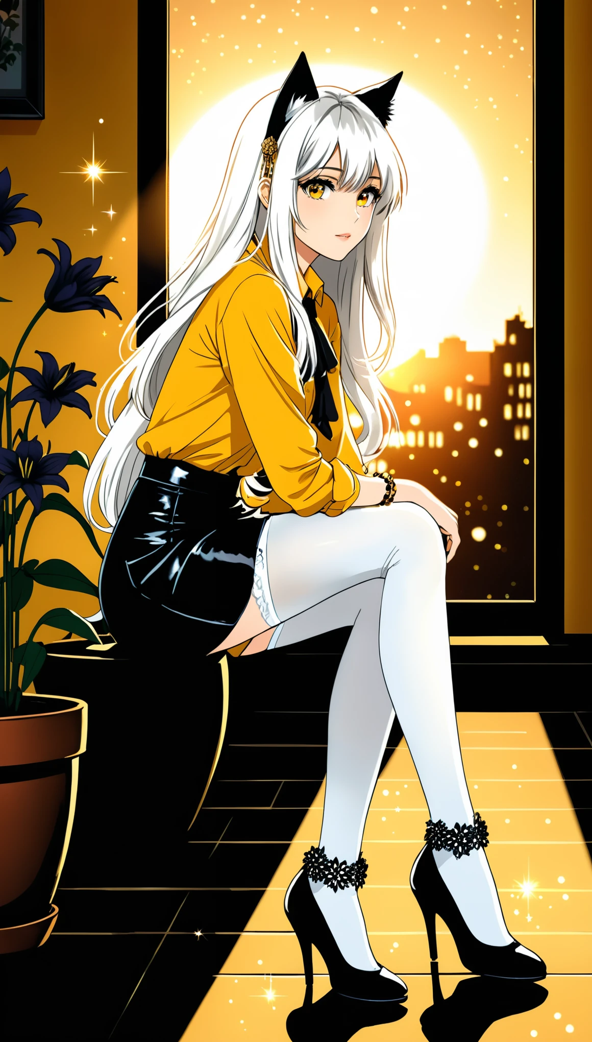in style of Harry Clarke，1girl,Yellow shirt,black leather skirt,Squatting,(adjusting footwear:2), white Cat ear,(seethough white stockings:1.5),Long hair falling down,The light from the window shines through my hair,from side,(spend a leg:1.3),tie,Small bell bracelet,heles,
BREAK
Looking at the audience,(White long hair:1.1),indoor,Yellow background,Background blur,Black Lily Flower Pot,Golden Hour,depth of field,chiaroscuro,sparkle,comic 2.5d hand-drawn style,trending on deviantart,(look at the viewer:2.2)