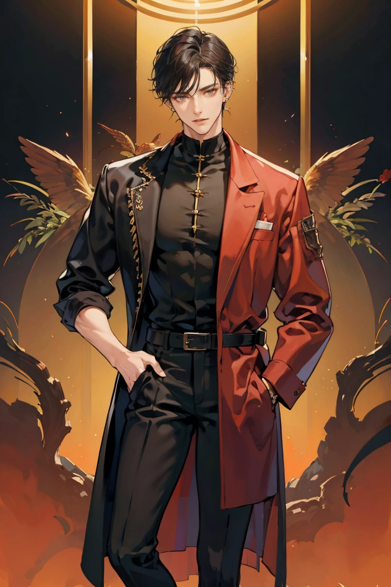 (masterpiece), best quality, seductive eyes, perfect face, handsome man, brown eyes, long slicked back black hair, long nose, tan brown skin, plain black t-shirt, red coat, black fitted pants, extremely tall man, long legs, long calves, full body, tall man, long legs, anime cover, 1boy, ear piercings, hands in pockets, adult-like look