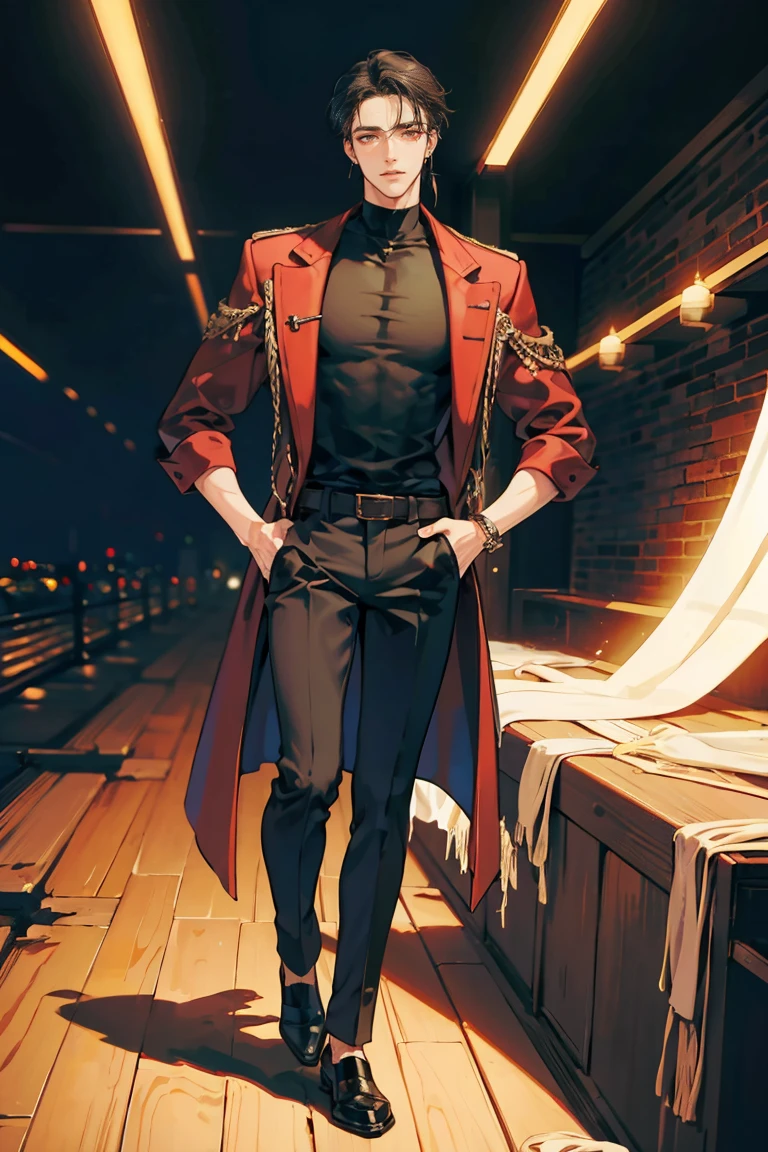 (masterpiece), best quality, seductive eyes, perfect face, handsome man, brown eyes, long slicked back black hair, long nose, tan brown skin, plain black t-shirt, red coat, black fitted pants, extremely tall man, long legs, long calves, full body, tall man, long legs, anime cover, 1boy, ear piercings, hands in pockets, adult-like look
