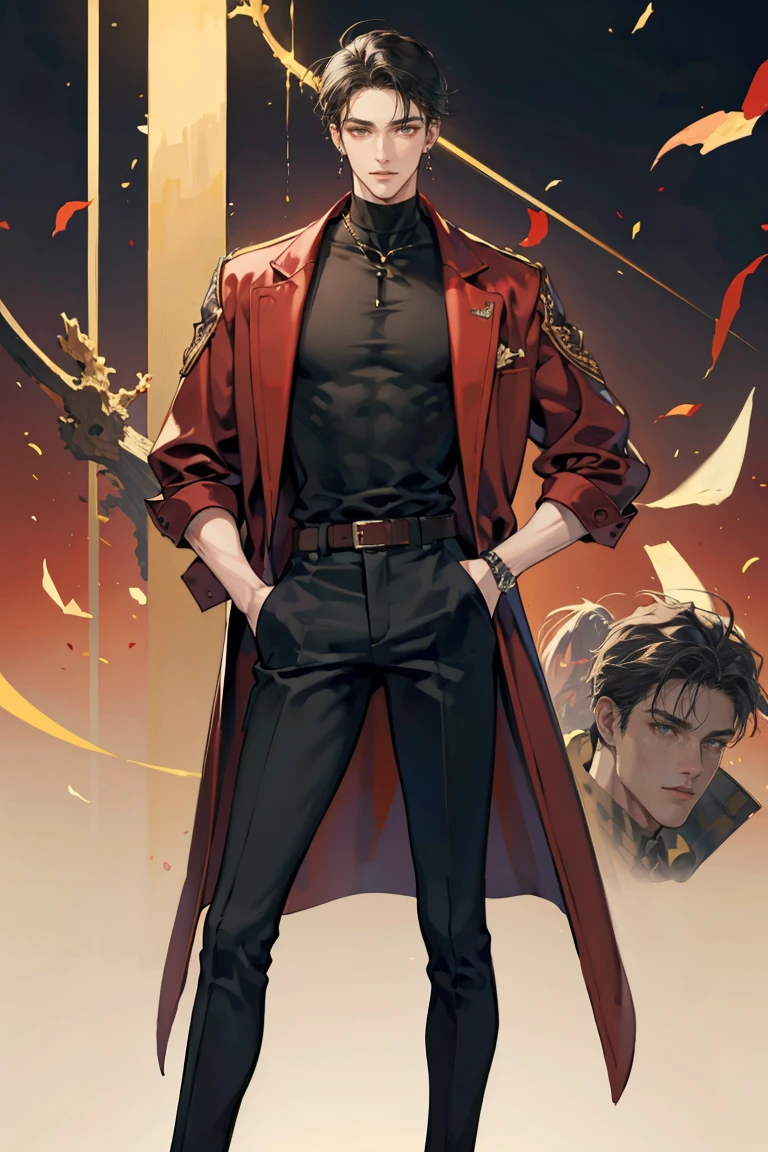 (masterpiece), best quality, seductive eyes, perfect face, handsome man, brown eyes, long slicked back black hair, long nose, tan brown skin, plain black t-shirt, red coat, black fitted pants, extremely tall man, long legs, long calves, full body, tall man, long legs, anime cover, 1boy, ear piercings, hands in pockets, adult-like look
