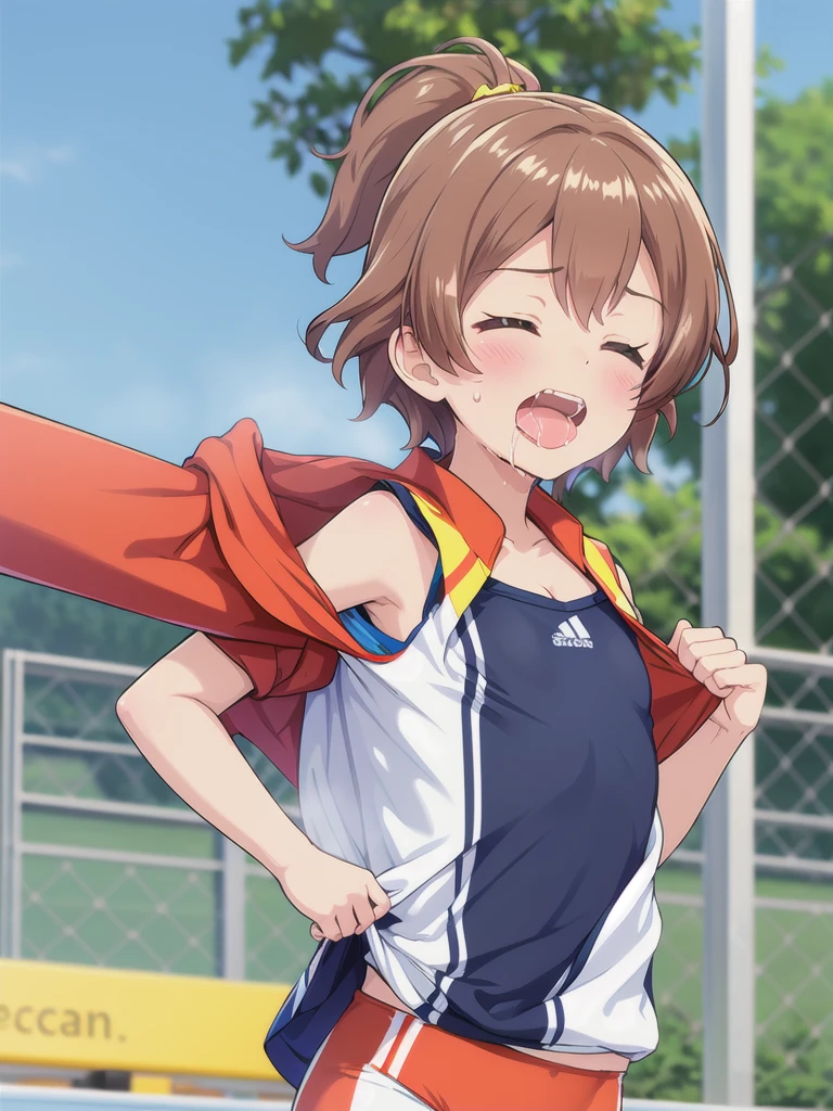 1girl,Outdoor,marathon,running,Close ~ eyes,orgasm,Dripping saliva,in heat,Track and field uniforms,Brown Hair, short hair, ponytail,Flat Chest,steam,upper body,undressing,bare breast,Cleavage