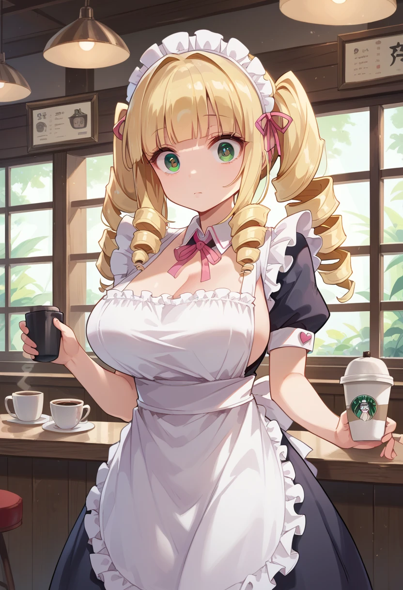 score_9,score_8_up,score_7_up,
1girl,(:1.4),(drill hair:1.5),((pink maid headdress)),((white apron)),blonde hair,long hair,blunt bangs,ultra-detailed face,beautiful detailed eyes,((wide-eyed)),green eyes,large breasts,(cute eyes:1.4),expressionless,solo,
cowboy shot,
cafe,coffee,