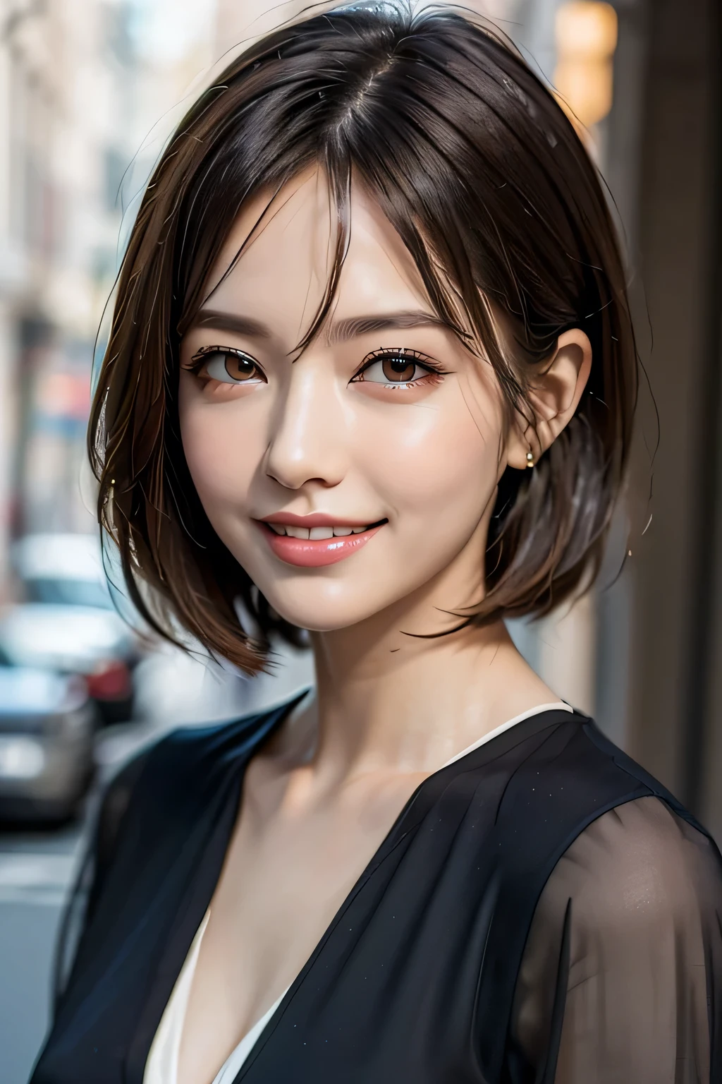 ((masterpiece)), ((Highest quality)), ((Complex)), ((Surreal)), (Realistic), (Mature Woman), ((There are no classes)), Very detailed, (1 female), Beautiful and exquisite, (Beautiful Teeth), Grin, Brunette Bob Hair, Brown eyes, ((blouse)), (Upper Body), (background:none), Perfect Eyes, Captivating eyes, Looking at the audience