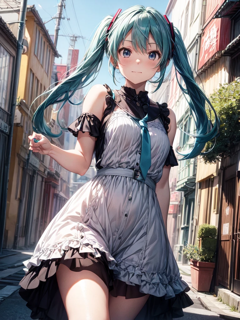
The background is natural, with a blue sky in the style of Makoto Shinkai.。

Hatsune Miku in a shoulder-baring dress。

The color of the dress is white。

A sexy, mature atmosphere reminiscent of Minato Ward girls。

Hair is straight。