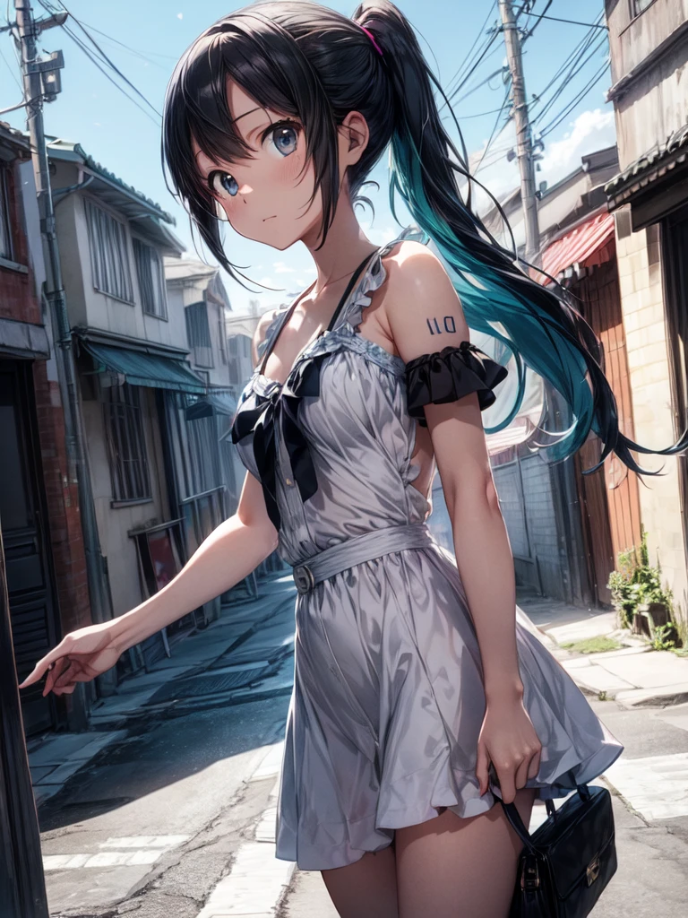 The background is natural, with a blue sky in the style of Makoto Shinkai.。
Hatsune Miku in a shoulder-baring dress。
The color of the dress is white。
A sexy, mature atmosphere reminiscent of Minato Ward girls。
Hair is straight。