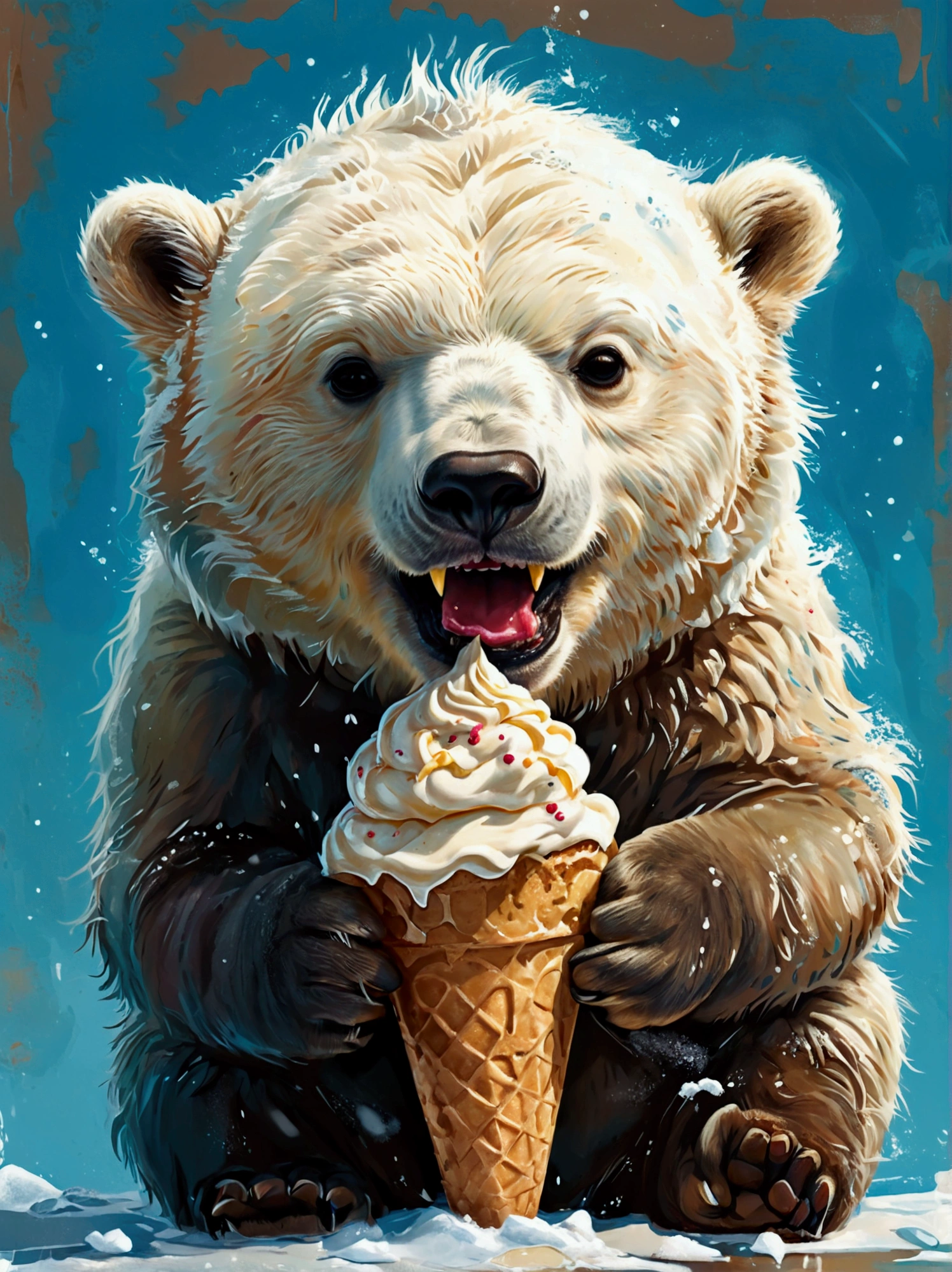 polar bear illustration eating ice cream, smiling, book illustration , temperamental