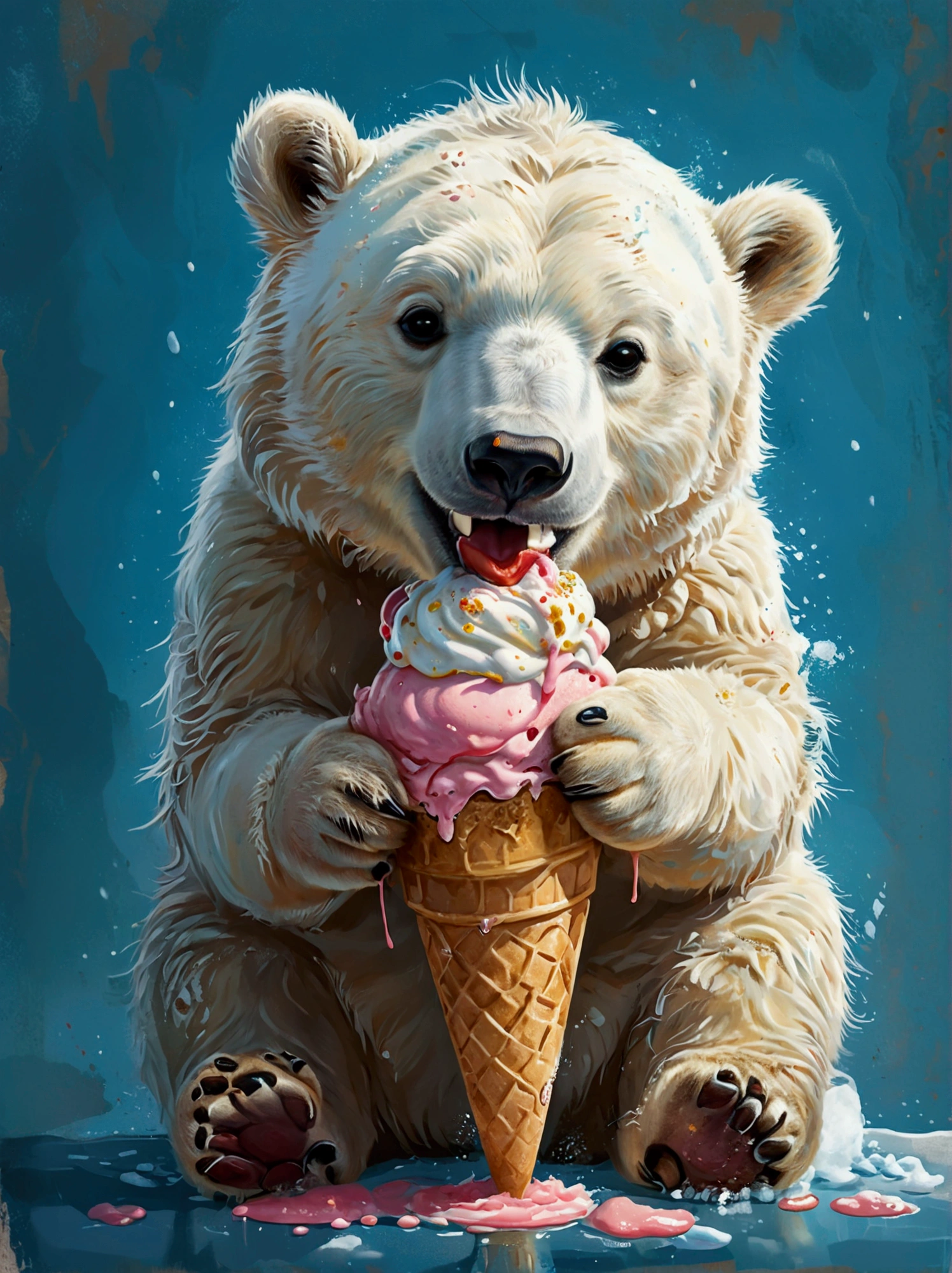 polar bear illustration eating ice cream, smiling, book illustration , temperamental