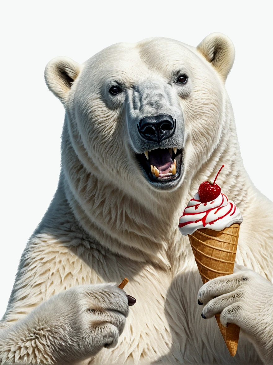 polar bear illustration eating ice cream, smiling, book illustration , temperamental
