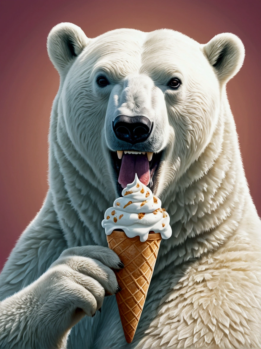 polar bear illustration eating ice cream, smiling, book illustration , temperamental