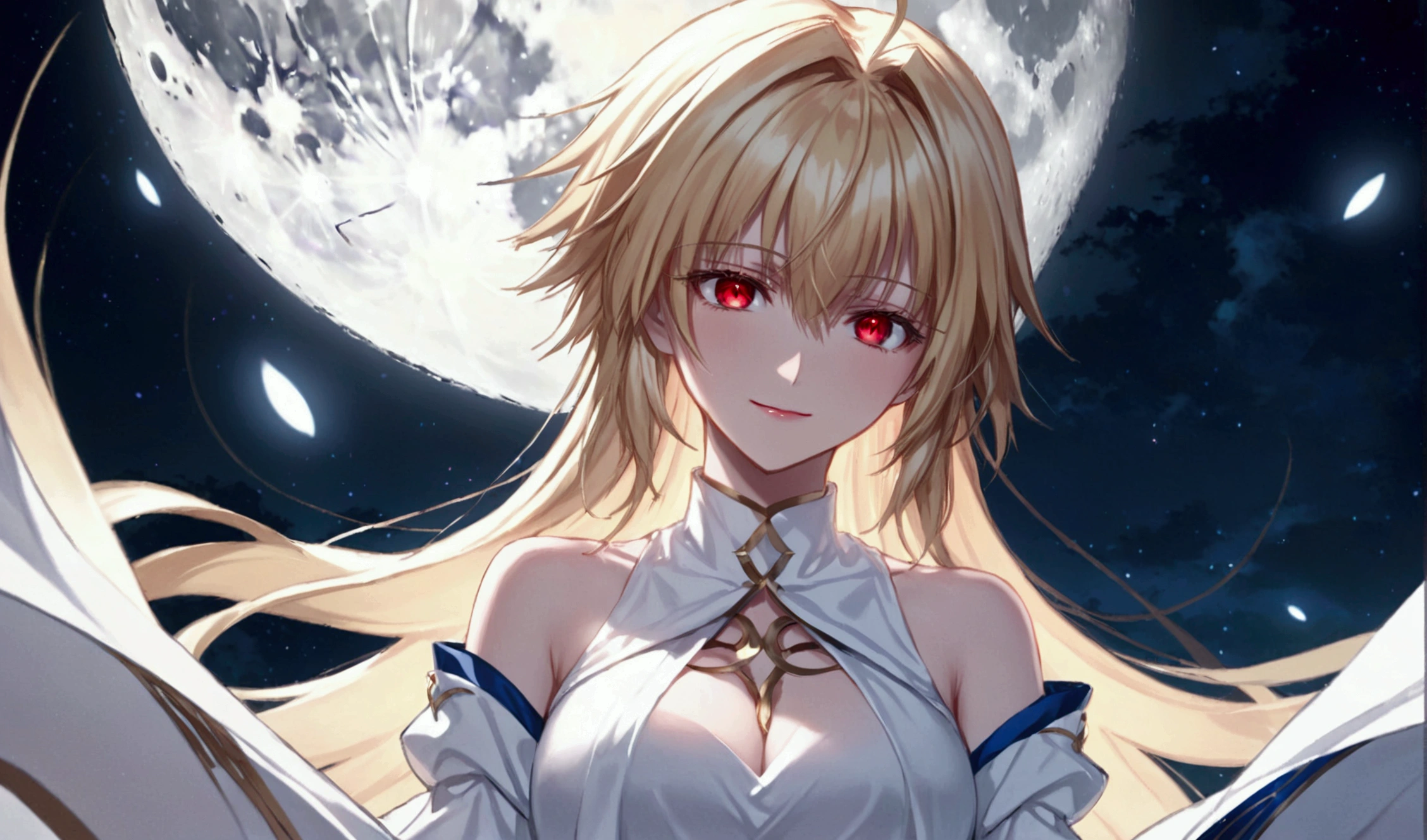 female anime character with very long blonde hair next to dark colored moons, 1girl, arcueid brunestud, red eyes, moon, long hair, blonde hair, solo, looking at viewer, bangs, full moon, dress, breasts, bare shoulders, white dress, detached sleeves, evil smile, arcueid