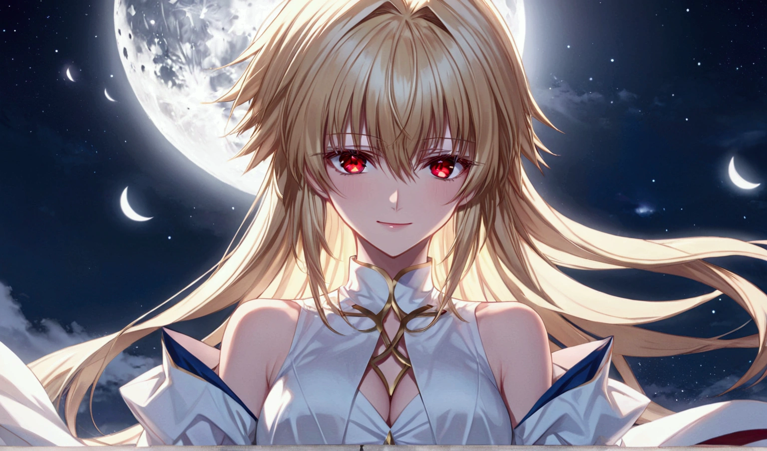 female anime character with very long blonde hair next to dark colored moons, 1girl, arcueid brunestud, red eyes, moon, long hair, blonde hair, solo, looking at viewer, bangs, full moon, dress, breasts, bare shoulders, white dress, detached sleeves, evil smile, arcueid
