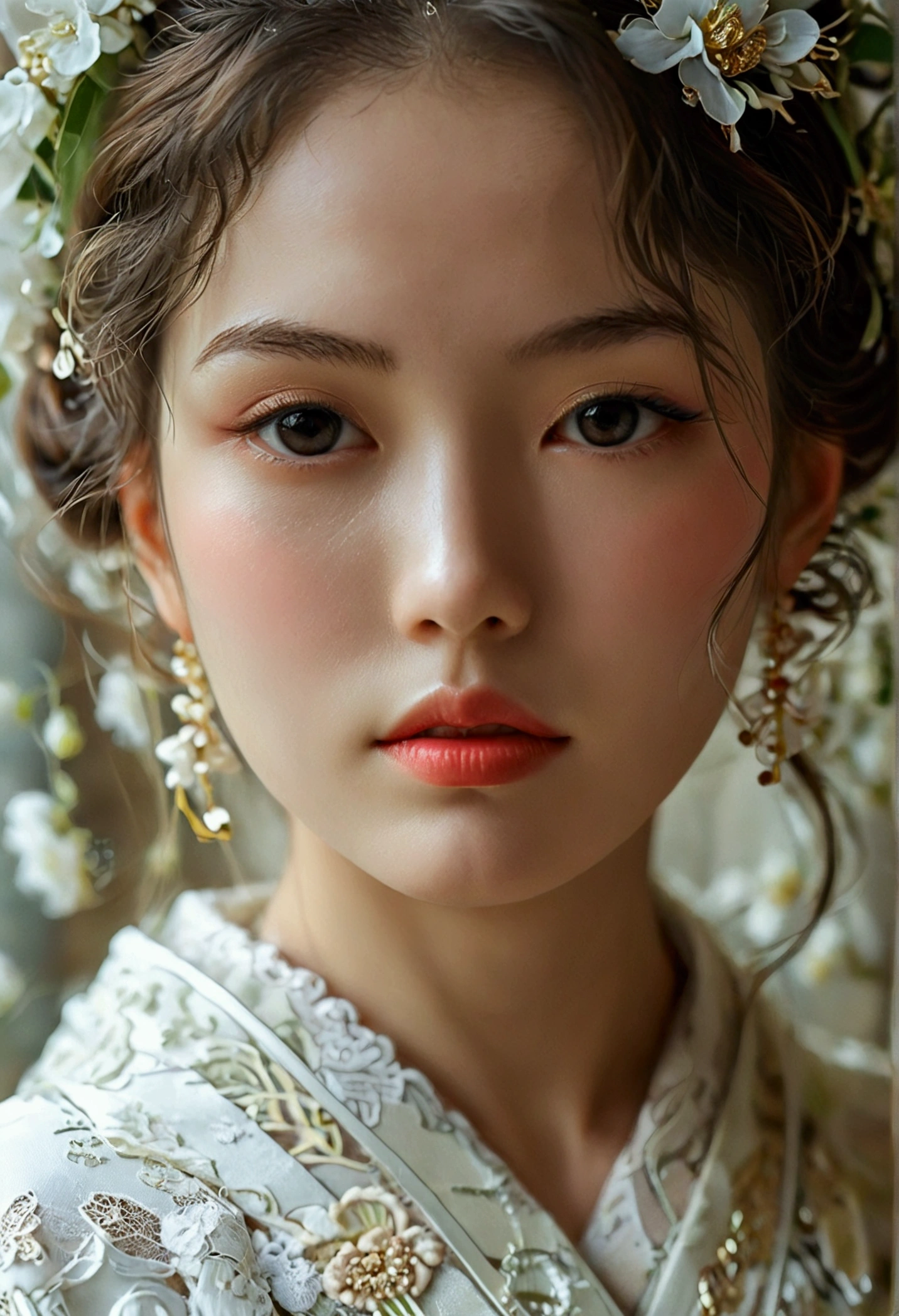 A charming girl in a kimono,White lace wraps the graceful figure