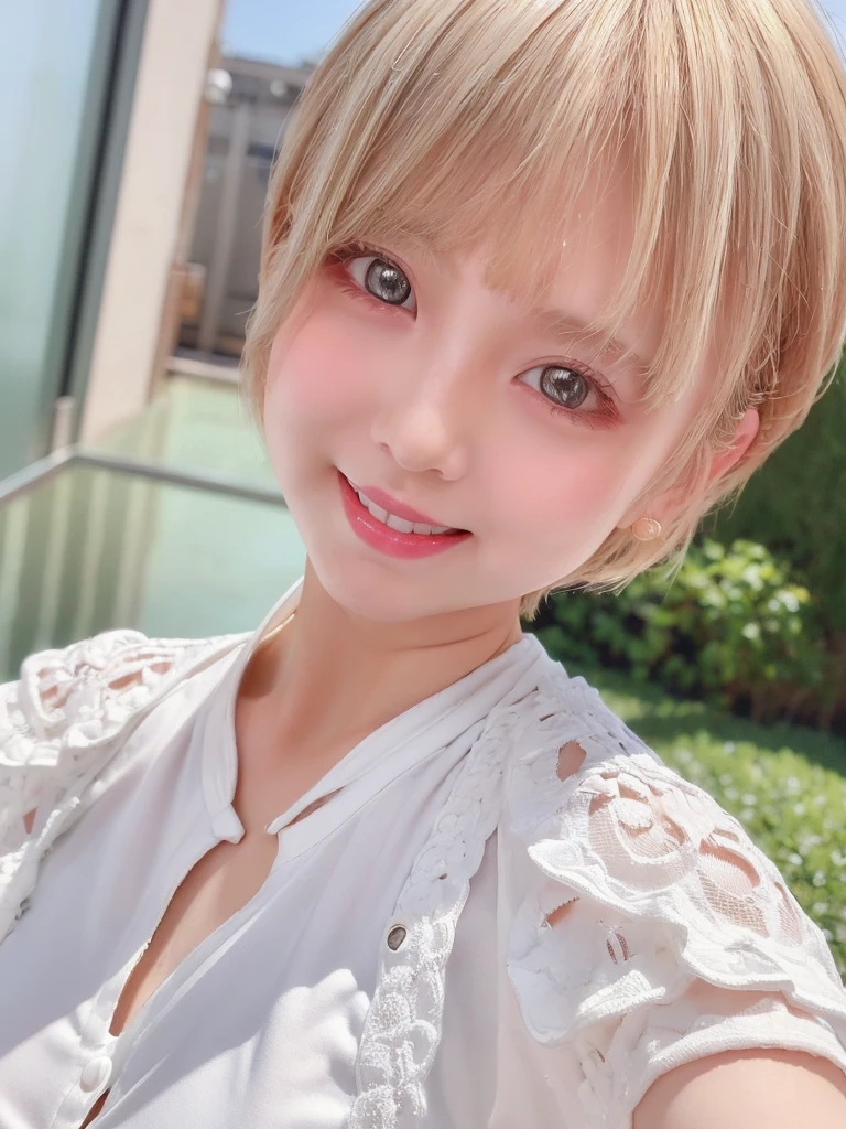 A girl with white skin and short hair。Blonde hair, big dark eyes, wearing summer clothes, sophisticated touch, full upper body, Pulling back,Her appearance will be impressive, Smiling and very cute,Attracts curious and inquisitive gazes.Selfie style,masterpiece, Attention to detail, high quality, 4K.