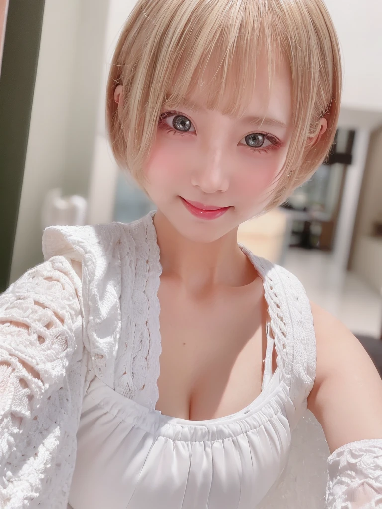 A girl with white skin and short hair。Blonde hair, big dark eyes, wearing summer clothes, sophisticated touch, full upper body, Pulling back,Her appearance will be impressive, Smiling and very cute,Attracts curious and inquisitive gazes.Selfie style,masterpiece, Attention to detail, high quality, 4K.