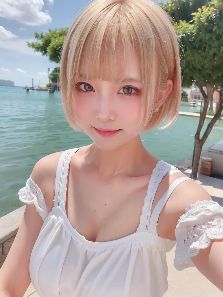 A girl with white skin and short hair。Blonde hair, big dark eyes, wearing summer clothes, sophisticated touch, full upper body, Pulling back,Her appearance will be impressive, Smiling and very cute,Attracts curious and inquisitive gazes.Selfie style,masterpiece, Attention to detail, high quality, 4K.