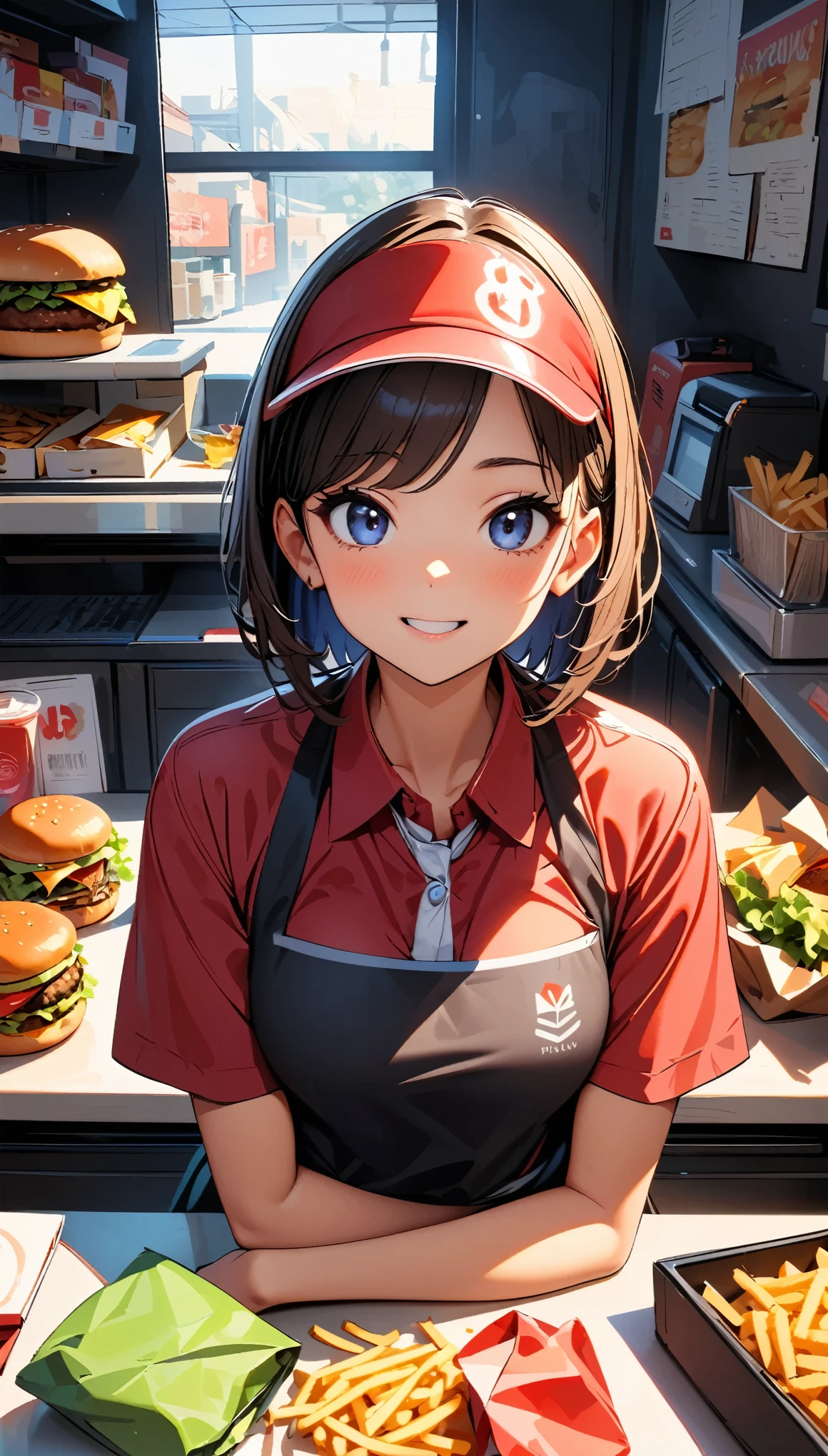 (Highest quality:1.2, Very detailed, up to date, Vibrant, Ultra-high resolution, High Contrast, masterpiece:1.2, Highest quality, Best aesthetics), 1 female, Female fast food store clerk, Red Shirt, Red visor, Black Mini Skirt, Hamburger Shop Uniform, Displayed Items, Bright interior, Female clerk at the counter, Pleasant background music, Cleanly swept floor, Tasty burger and fries, Items around the cash register,