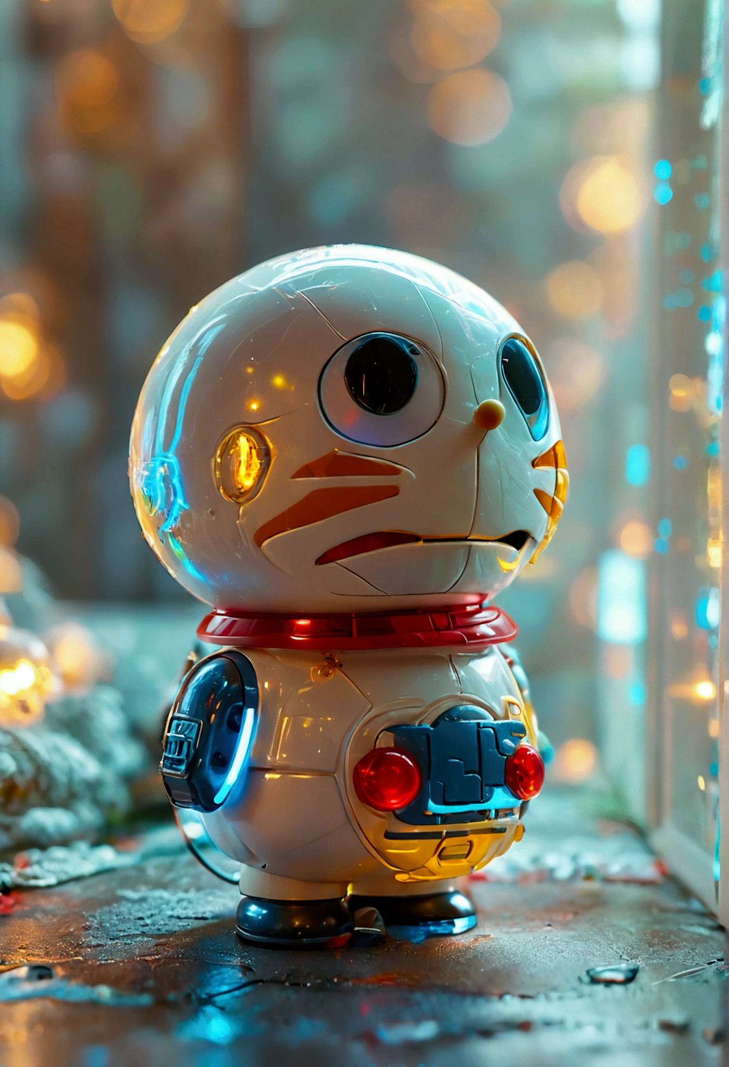 Doraemon, (Blind box toy styles:1.2), (full-body shot) , 1 一只可爱的透明Doraemon, I am transparent, Exquisite Helmet:1.2, Eye Cyberpunk, Dreamy light, Glowing neon lights, Clean, White background, ( Global Illumination, Fringe Tracking, Human Development Report, Unreal Rendering,Reasonable design, High Detail, Main Part, best quality, HD, light)