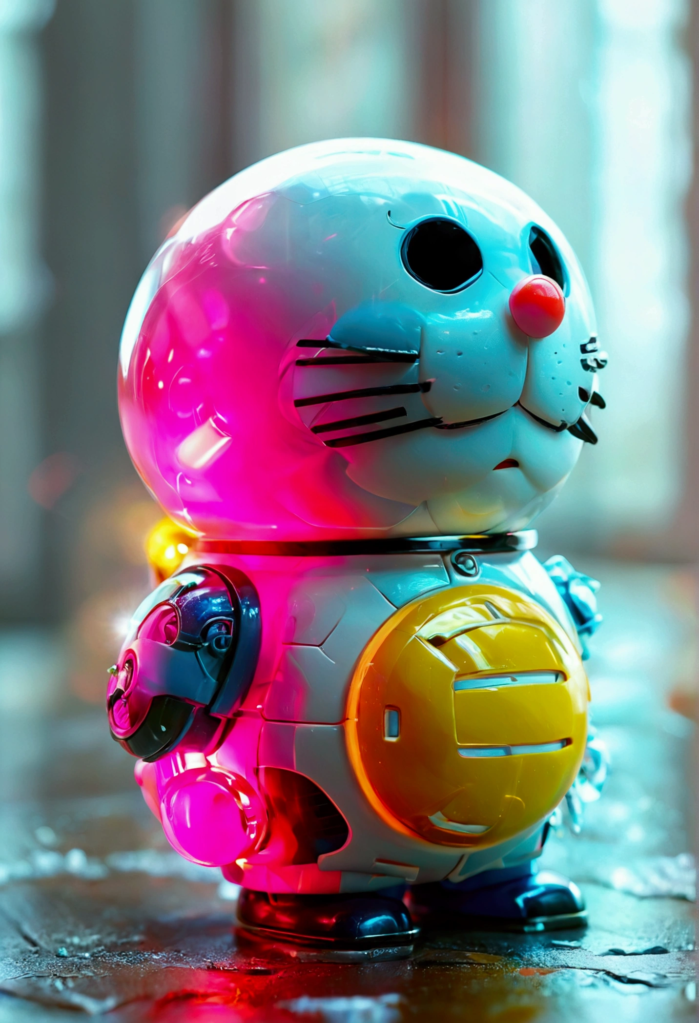 Doraemon, (Blind box toy styles:1.2), (full-body shot) , 1 一只可爱的透明Doraemon, I am transparent, Exquisite Helmet:1.2, Eye Cyberpunk, Dreamy light, Glowing neon lights, Clean, White background, ( Global Illumination, Fringe Tracking, Human Development Report, Unreal Rendering,Reasonable design, High Detail, Main Part, best quality, HD, light)