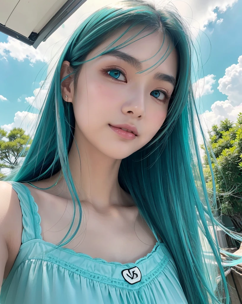 (Highest quality, 32k, High resolution, Masterpiece:1.5, ), marimo_jet, god々A photograph with brilliant dazzling and healing power., Evoking a sense of calm and elusive beauty, Expressing emotions, Have a rich imagination, Beautiful Japanese Girls, ((Low - Angle:1.3)), An exceptionally beautiful face, Small Face Beauty, Perfect Human Anatomy, Magical big eyes, Motherhood and generosity, Deep Love, fleeting smile, ((Shiny turquoise hair:1.4)), Super long straight silk hair swaying in the wind, Asymmetrical bangs, Hair between the eyes, Transparent, soft white skin, Sharp eyebrows, Thin lashes, Natural Makeup, Cheek highlighter, Lips with fine detail, (White see-through camisole:1.4), High resolutionの完璧な鎖骨, High resolutionの美しい胸元, Slim figure with ample breasts, High resolutionの美しい太もも, ((Beautifully detailed skies:1.2)), ((Vibrant petal effect:1.3)), Professional photographer, Professional Lighting, Professional models, god秘的