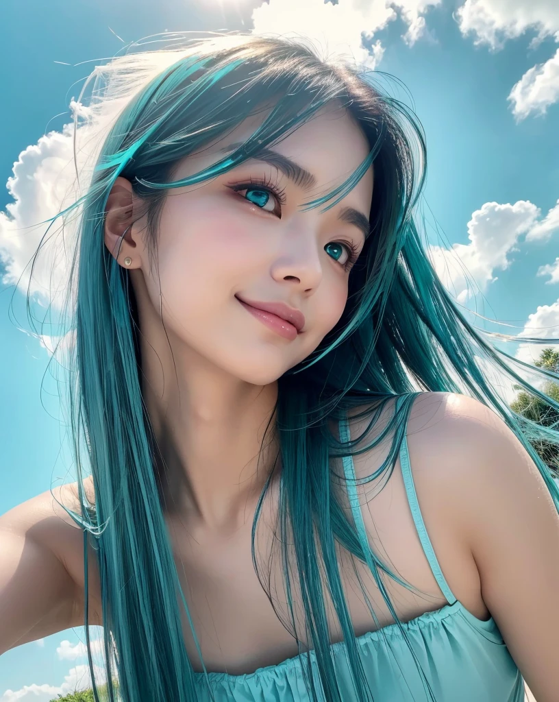 (Highest quality, 32k, High resolution, Masterpiece:1.5, ), marimo_jet, god々A photograph with brilliant dazzling and healing power., Evoking a sense of calm and elusive beauty, Expressing emotions, Have a rich imagination, Beautiful Japanese Girls, ((Low - Angle:1.3)), An exceptionally beautiful face, Small Face Beauty, Perfect Human Anatomy, Magical big eyes, Motherhood and generosity, Deep Love, fleeting smile, ((Shiny turquoise hair:1.4)), Super long straight silk hair swaying in the wind, Asymmetrical bangs, Hair between the eyes, Transparent, soft white skin, Sharp eyebrows, Thin lashes, Natural Makeup, Cheek highlighter, Lips with fine detail, (White see-through camisole:1.4), High resolutionの完璧な鎖骨, High resolutionの美しい胸元, Slim figure with ample breasts, High resolutionの美しい太もも, ((Beautifully detailed skies:1.2)), ((Vibrant petal effect:1.3)), Professional photographer, Professional Lighting, Professional models, god秘的