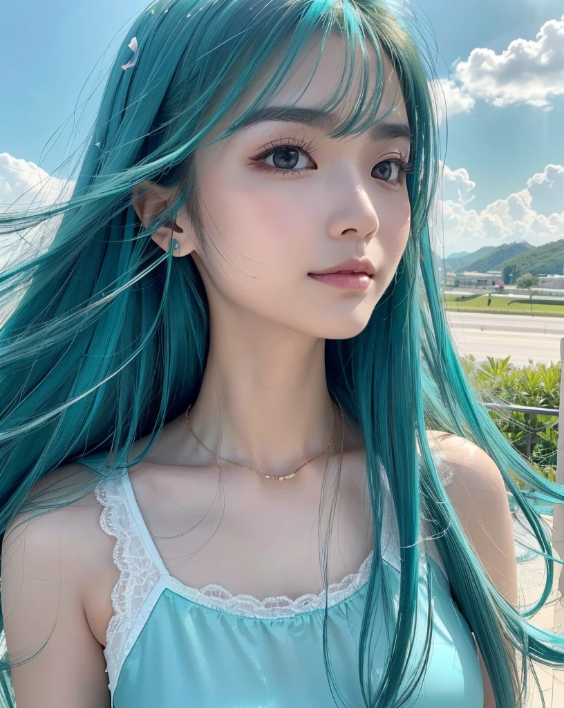 (Highest quality, 32k, High resolution, Masterpiece:1.5, ), marimo_jet, god々A photograph with brilliant dazzling and healing power., Evoking a sense of calm and elusive beauty, Expressing emotions, Have a rich imagination, Beautiful Japanese Girls, ((Low - Angle:1.3)), An exceptionally beautiful face, Small Face Beauty, Perfect Human Anatomy, Magical big eyes, Motherhood and generosity, Deep Love, fleeting smile, ((Shiny turquoise hair:1.4)), Super long straight silk hair swaying in the wind, Asymmetrical bangs, Hair between the eyes, Transparent, soft white skin, Sharp eyebrows, Thin lashes, Natural Makeup, Cheek highlighter, Lips with fine detail, (White see-through camisole:1.4), High resolutionの完璧な鎖骨, High resolutionの美しい胸元, Slim figure with ample breasts, High resolutionの美しい太もも, ((Beautifully detailed skies:1.2)), ((Vibrant petal effect:1.3)), Professional photographer, Professional Lighting, Professional models, god秘的