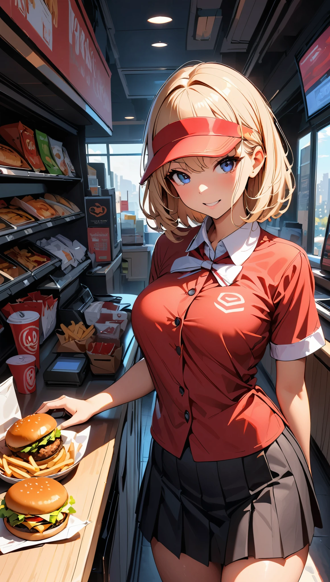 (Highest quality:1.2, Very detailed, up to date, Vibrant, Ultra-high resolution, High Contrast, masterpiece:1.2, Highest quality, Best aesthetics), 1 female, Female fast food store clerk, Red Shirt, Red visor, Black Mini Skirt, Hamburger Shop Uniform, Displayed Items, Bright interior, Female clerk at the counter, Pleasant background music, Cleanly swept floor, Tasty burger and fries, Items around the cash register,