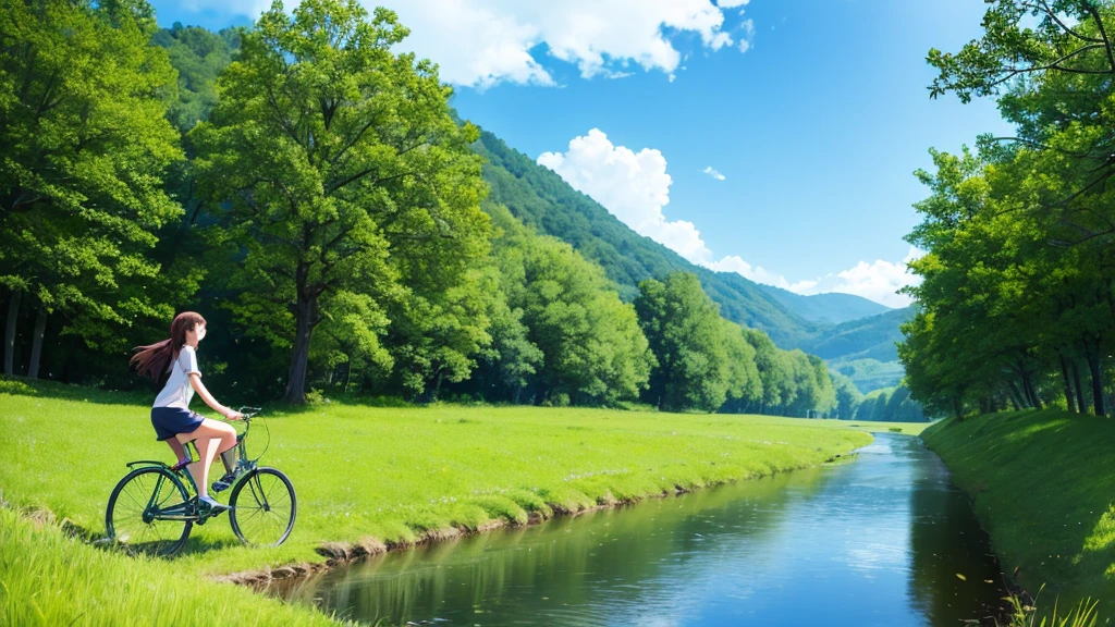 A Ghibli style image of a cute girl in a field, riding a bicycle by a stream, in the middle of summer, with clear air and beautiful scenery. The image is in 16:9 resolution.