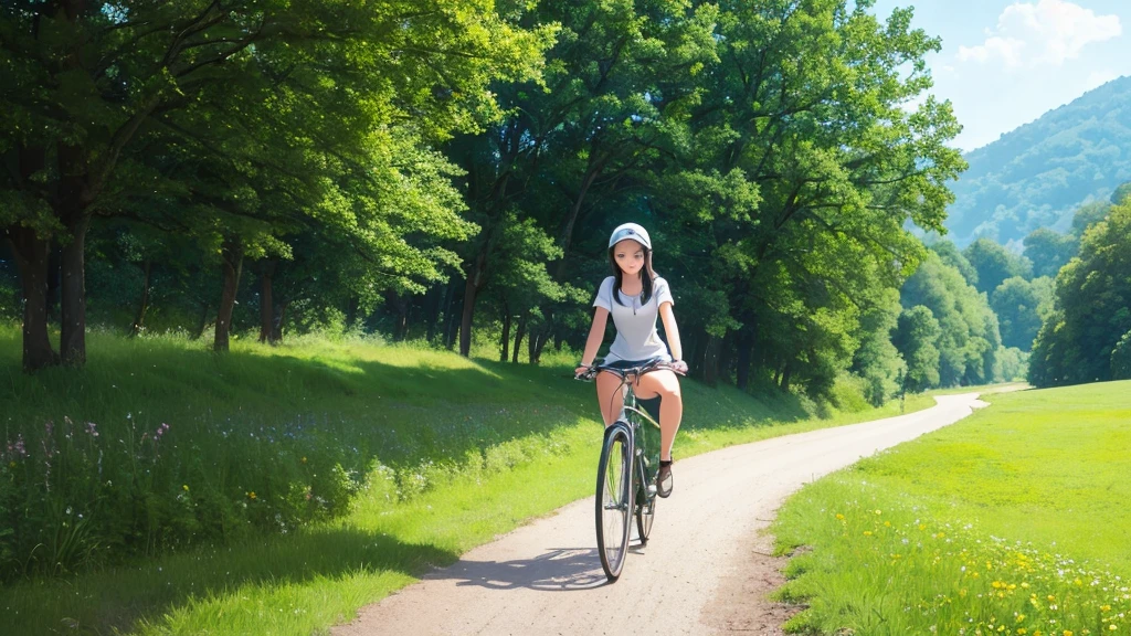 A Ghibli style image of a cute girl in a field, riding a bicycle by a stream, in the middle of summer, with clear air and beautiful scenery. The image is in 16:9 resolution.