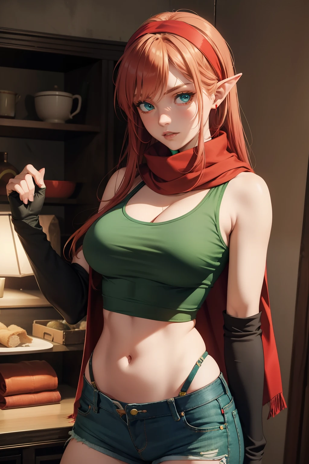 Tess, solo, (green croptop), green shirt, blue eyes, jean shorts, fingerless gloves, blond, medium length hair, suspenders, (red hairband), pointy ears, (large breasts), thong, cleavage, red scarf,(red hairband)