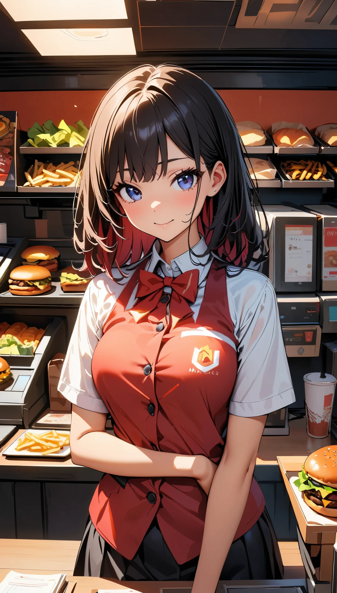 (Highest quality:1.2, Very detailed, up to date, Vibrant, Ultra-high resolution, High Contrast, masterpiece:1.2, Highest quality, Best aesthetics), 1 female, Female fast food store clerk, Red Shirt, Red visor, Black Mini Skirt, Hamburger Shop Uniform, Displayed Items, Bright interior, Female clerk at the counter, Pleasant background music, Cleanly swept floor, Tasty burger and fries, Items around the cash register,