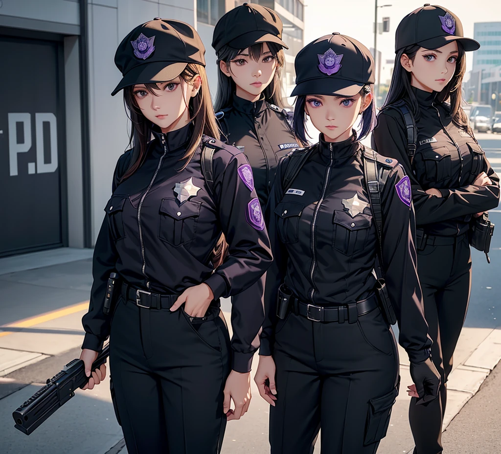 A group of female police officers all wearing black and violet uniforms,wearing a baseball hat、Pullover with two large chest pockets、Straight pants、Alert with guns、Write details、masterpiece、best quality、Highly detailed CG、8K picture quality