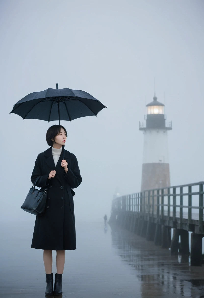 Korean woman,Short hair, black coat, cool,rain,blur,Fog,middle,cool,boring,,pier,only,lighthouse,Coast, The dim light shines in the Fog,and the figure stands in the Fog holding an umbrella,