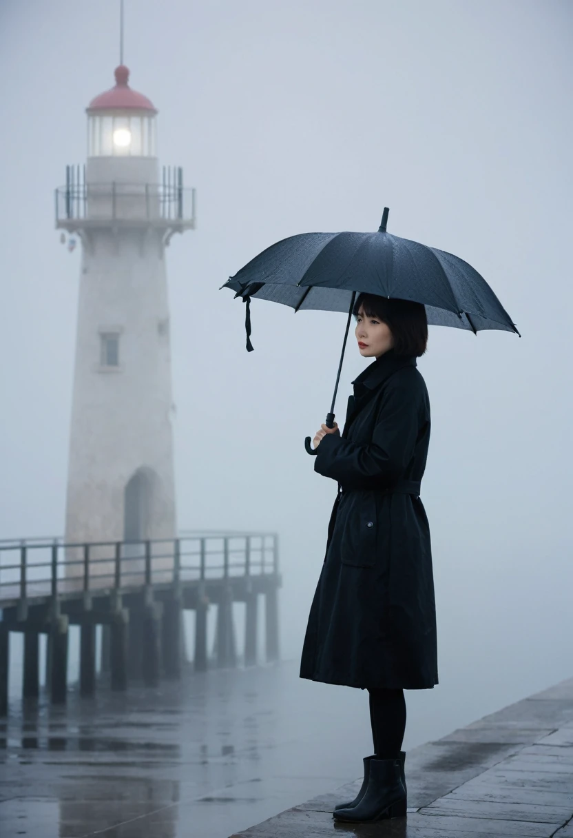 Korean woman,Short hair, black coat, cool,rain,blur,Fog,middle,cool,boring,,pier,only,lighthouse,Coast, The dim light shines in the Fog,and the figure stands in the Fog holding an umbrella,