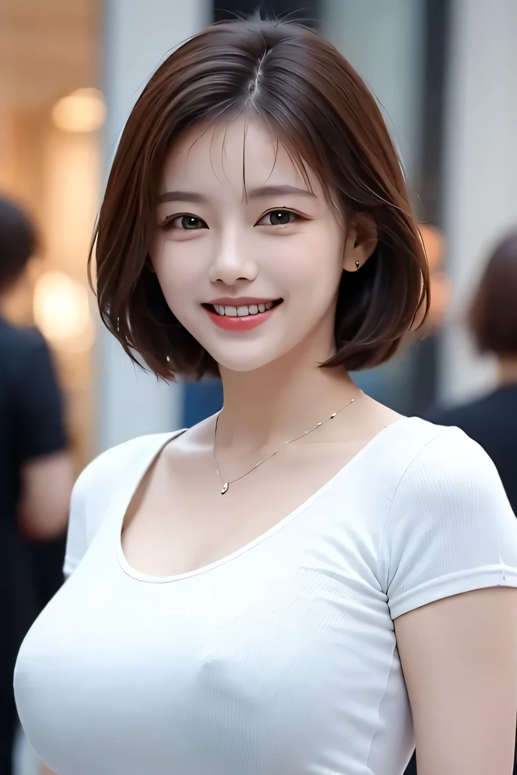 ((masterpiece)), ((Highest quality)), ((Complex)), ((Surreal)), (Realistic), (Mature Woman), ((There are no classes)), Very detailed, (1 female), Beautiful and exquisite, (Beautiful Teeth), Grin, Brunette Bob Hair, Brown eyes, ((blouse)), (Upper Body), (background:none), Perfect Eyes, Captivating eyes, Looking at the audience
