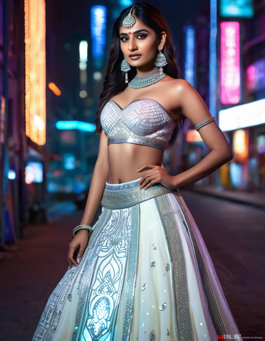 HDR rendered,microdetailed,glossy futuristic,ISO 100,64k,UHD. cybernetically enhanced indian Fashionista in her mid-20s, in white reflective strapless lehenga ensemble, cyberpunk elements, glowing circuitry patterns, sleek metallic accents, vibrant LED-lit embroidery, futuristic accessories, blend tradition with technology. Embedded gems accentuate her features, dark neon-lit futuristic cityscape, full translucent glow lehenga visibility.