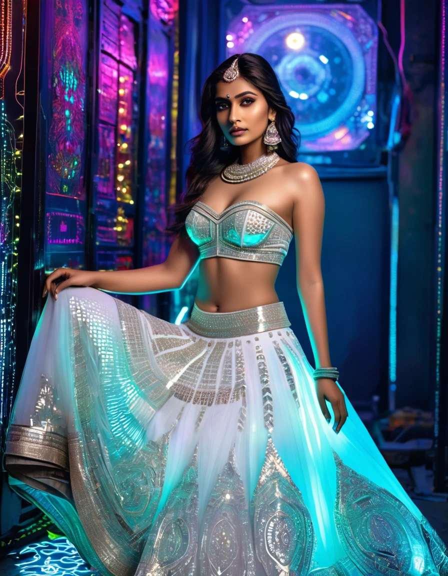HDR rendered,microdetailed,glossy futuristic,ISO 100,64k,UHD. cybernetically enhanced indian Fashionista in her mid-20s, in white reflective strapless lehenga ensemble, cyberpunk elements, glowing circuitry patterns, sleek metallic accents, vibrant LED-lit embroidery, futuristic accessories, blend tradition with technology. Embedded gems accentuate her features, dark neon-lit futuristic cityscape, full translucent glow lehenga visibility.