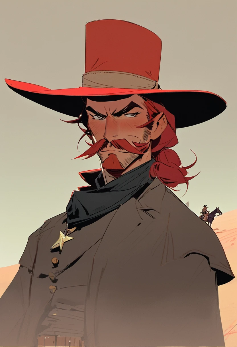 score_9, score_8_up, score_7_up, score_6_up, score_5_up, score_4_up, 1man, Western, Desert, Dark night, Horizon, far away, Wild West, red dead Redemption, cartoon art style, Red hair with two strands popping out at the front, Hair bun, Thick mustache, solo, male, Revolver, Gunslinger, cowboy hat, Rude, Masculinity, honor, Fearless look 